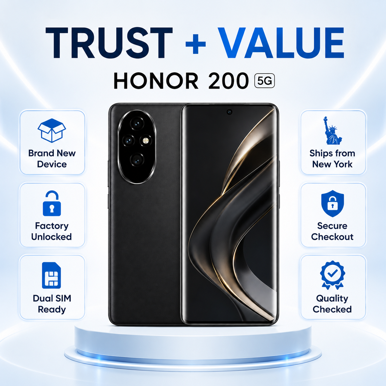 Black Honor smartphone showing back and front with curved edge display and triple cameras