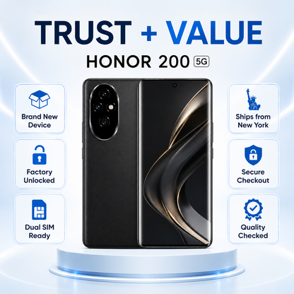 Black Honor smartphone showing back and front with curved edge display and triple cameras