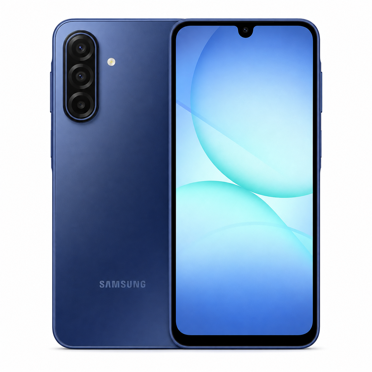 Blue Samsung Galaxy A17 4G smartphone, front and back view with triple rear camera