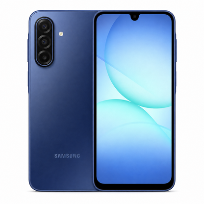 Blue Samsung Galaxy A17 4G smartphone, front and back view with triple rear camera