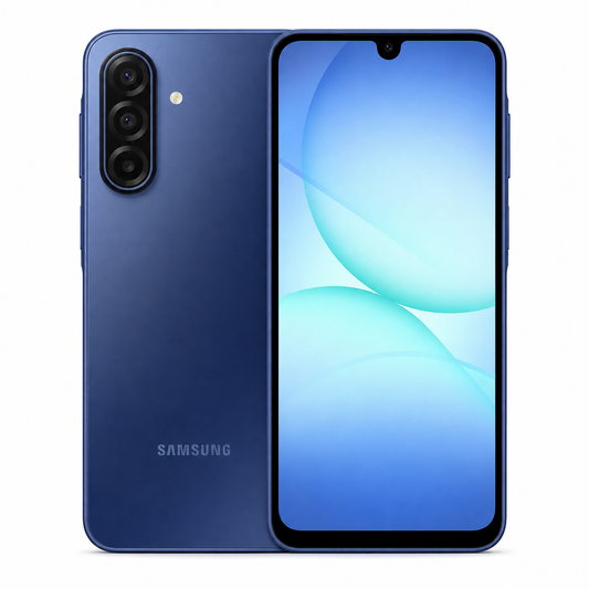 Blue Samsung Galaxy A17 4G smartphone, front and back view with triple rear camera