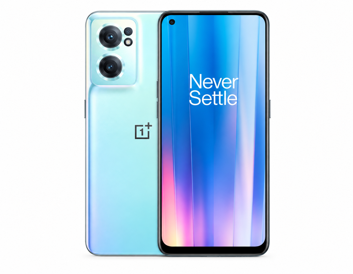 Light blue OnePlus Nord CE2 phone with front and back views, dual cameras visible