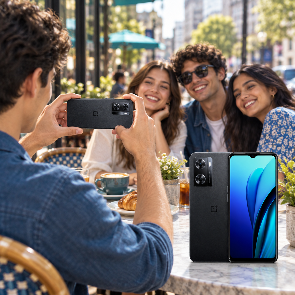 OnePlus Nord N20 SE Black smartphone held up by a person, front screen visible while taking a photo