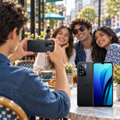 OnePlus Nord N20 SE Black smartphone held up by a person, front screen visible while taking a photo