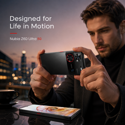 Nubia Z60 Ultra 5G  Black smartphone held in hands, screen lit with colorful swirl wallpaper and cameras visible