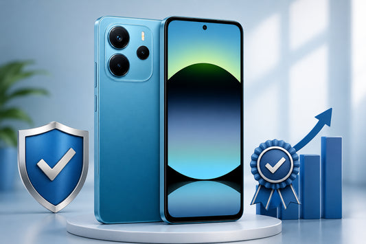Ocean blue smartphone with dual rear cameras, front screen, on a pedestal
