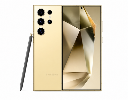 Gold Samsung Galaxy S24 Ultra smartphone with rear and front display