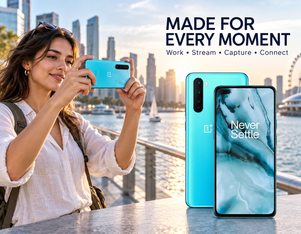OnePlus Nord 5G  Blue smartphone held in hand, with front screen and rear camera panel visible