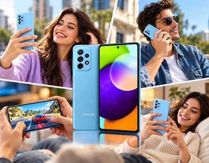 Samsung Galaxy A52s People holding a light blue Samsung smartphone with quad rear cameras