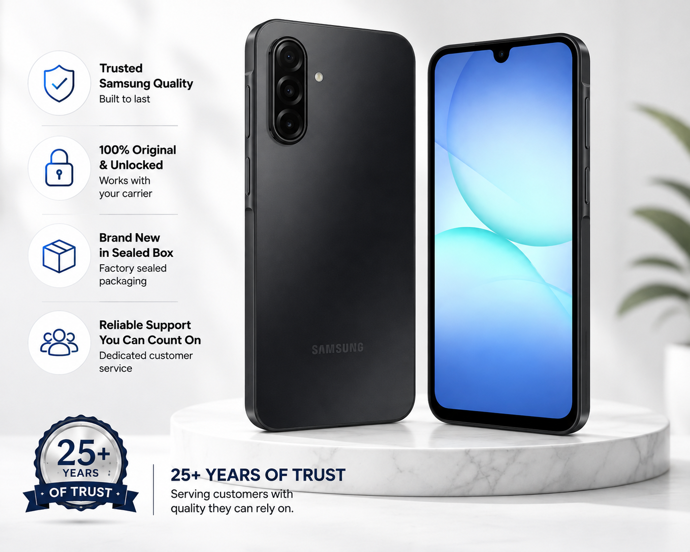 Black Samsung Galaxy A17 smartphone, front display and triple rear cameras visible