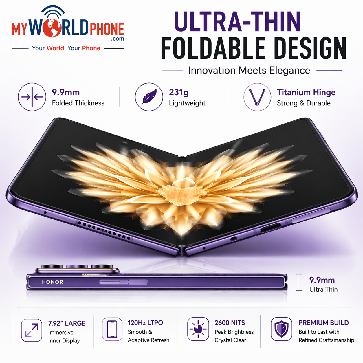 Honor Magic V2 Standard Edition 5G Dual SIM 512GB ROM 16GB RAM GSM Unlocked - Purple