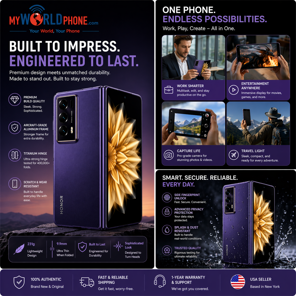 Honor Magic V2 Standard Edition 5G Dual SIM 512GB ROM 16GB RAM GSM Unlocked - Purple