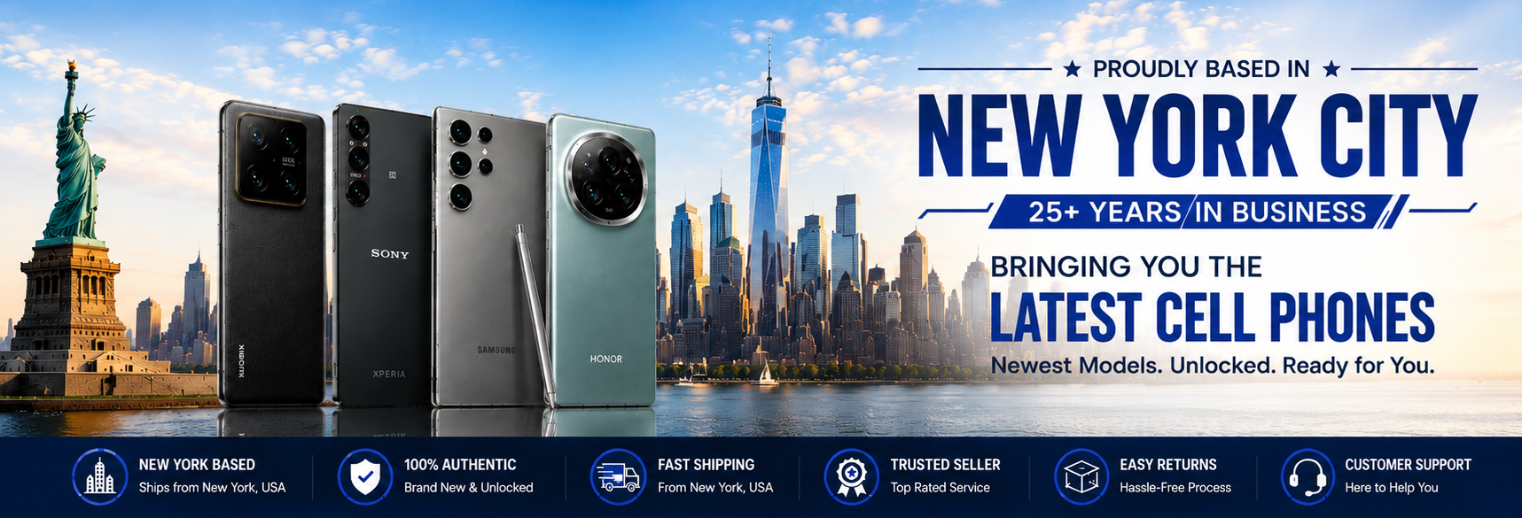 Promotional banner for Sony smartphones showing four phone  back views in black