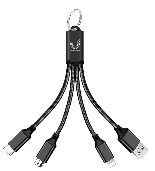 3-in-1 Short Charging Cable for iPhone, USB-C & Micro-USB – 8-Inch Keychain Cord