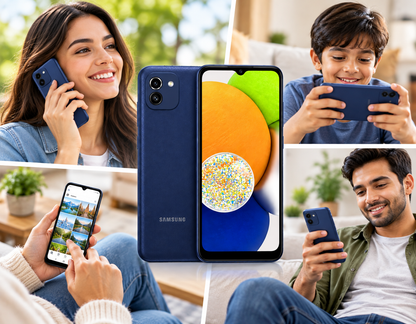 Samsung Galaxy A03 smartphone in blue being held by adults, front and back visible
