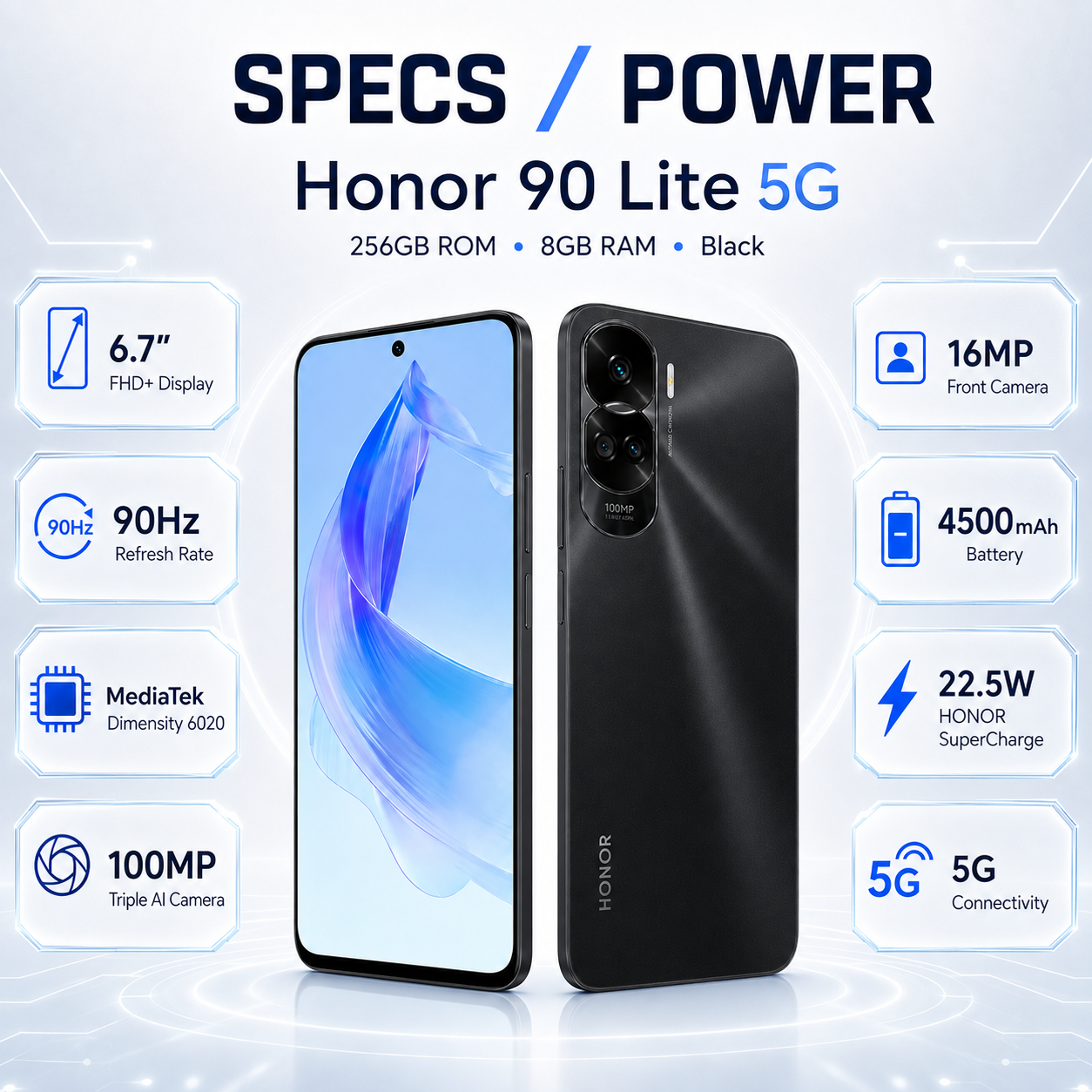 Black Honor 90 Lite 5G smartphone displayed with specs and power highlights