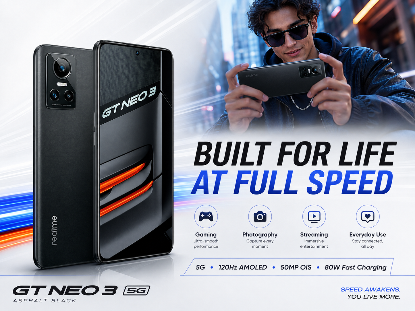 Realme GT Neo 3 5G Asphalt black Realme smartphone angled view with front screen and dual rear cameras