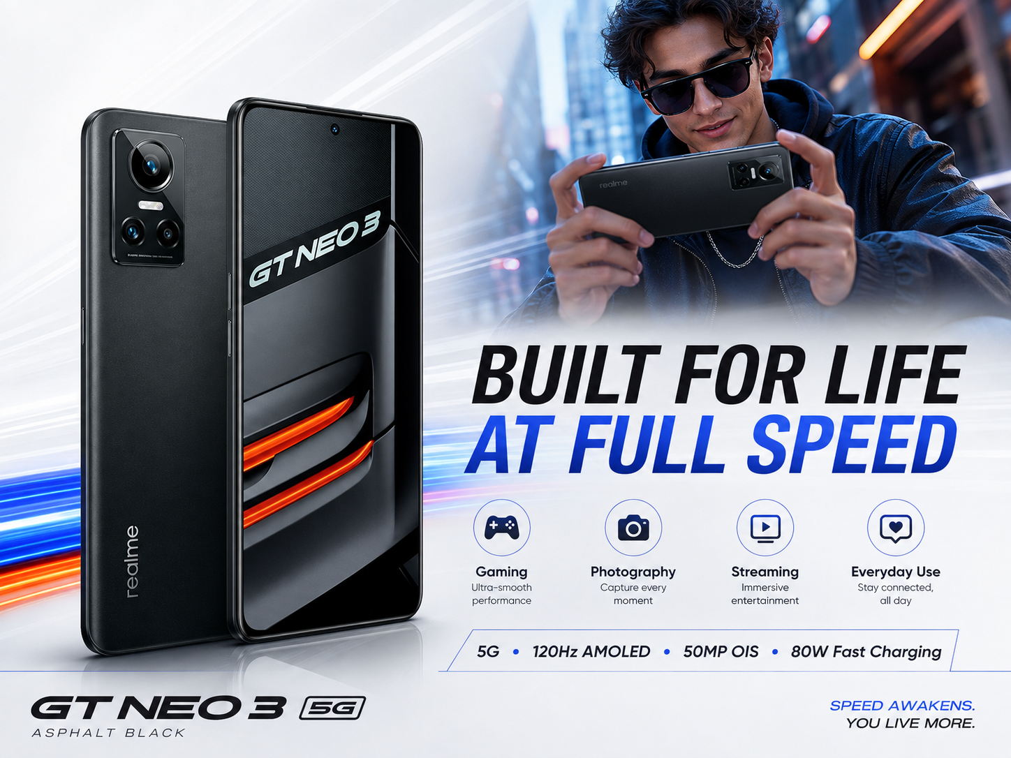 Realme GT Neo 3 5G Asphalt black Realme smartphone angled view with front screen and dual rear cameras