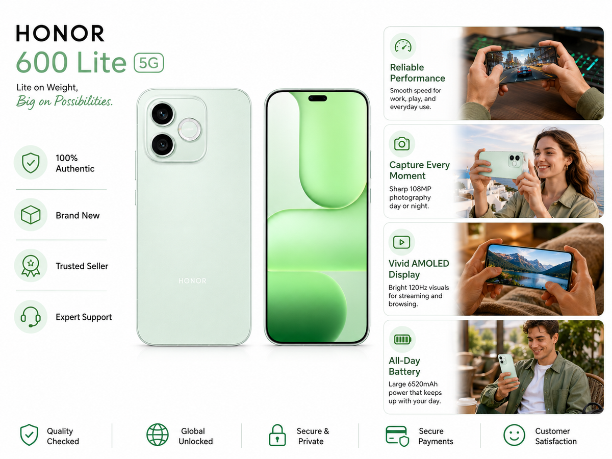 HONOR 600 Lite 5G feature card with phone images and reliability icons