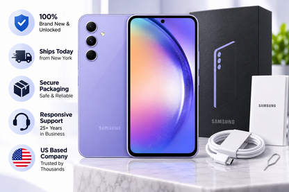 Violet Samsung Galaxy A54 5G smartphone with retail box and charging cable