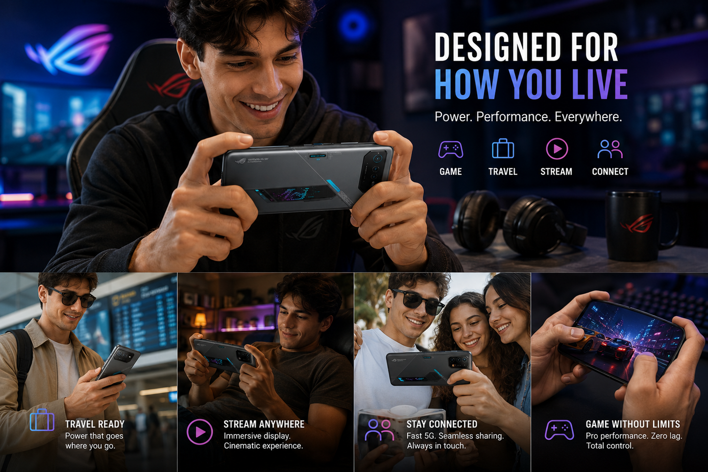 Black ASUS ROG Phone 6D smartphone in hand, showing front screen and sleek back