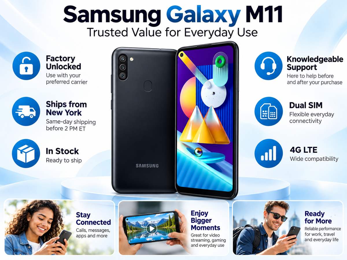 Black Samsung Galaxy M11 smartphone with front screen and back panel.