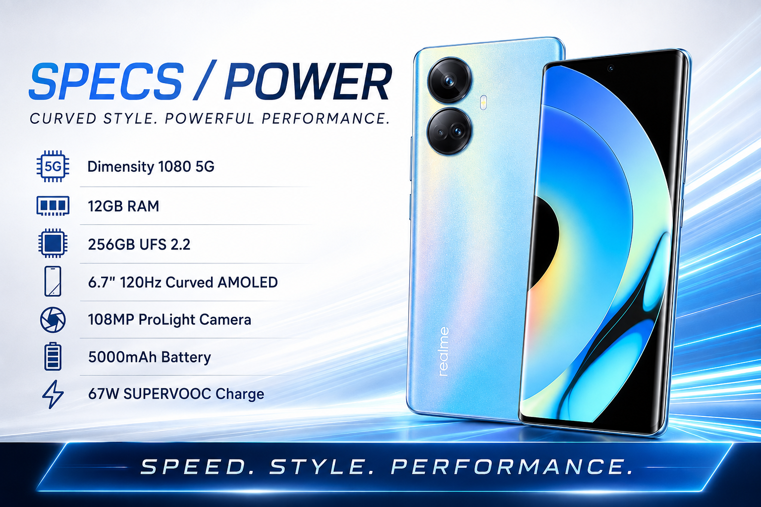Realme 10 Pro+ 5G Blue Realme smartphone angled view showing dual rear cameras and curved display