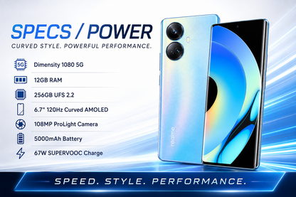 Realme 10 Pro+ 5G Blue Realme smartphone angled view showing dual rear cameras and curved display