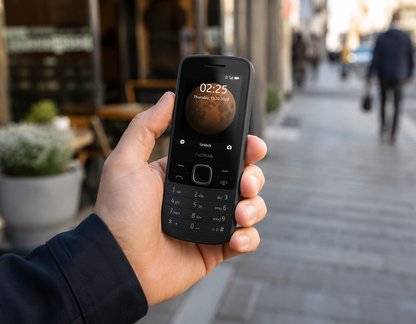 NOKIA 225 4G Black Nokia feature phone in hand, front screen and keypad visible.