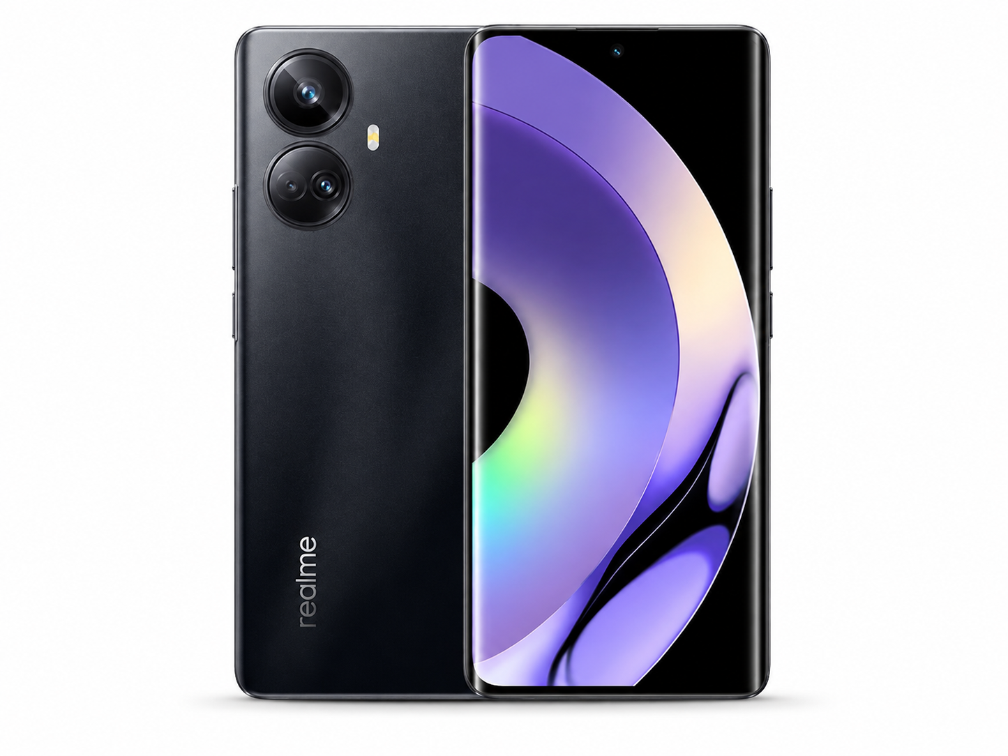 Realme 10 Pro+ 5G Black Realme smartphone showing front and back with dual rear cameras.