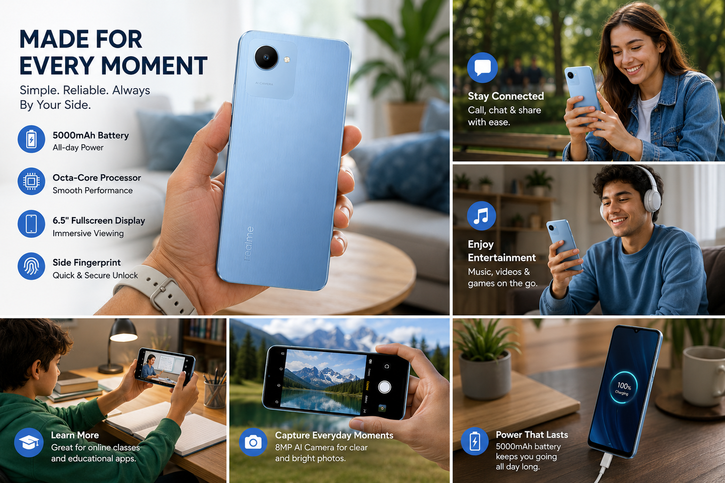 Realme C30s  Blue Realme smartphone held in hand, dual rear camera visible