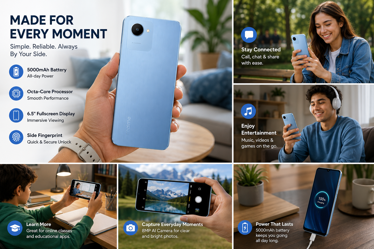 Realme C30s  Blue Realme smartphone held in hand, dual rear camera visible