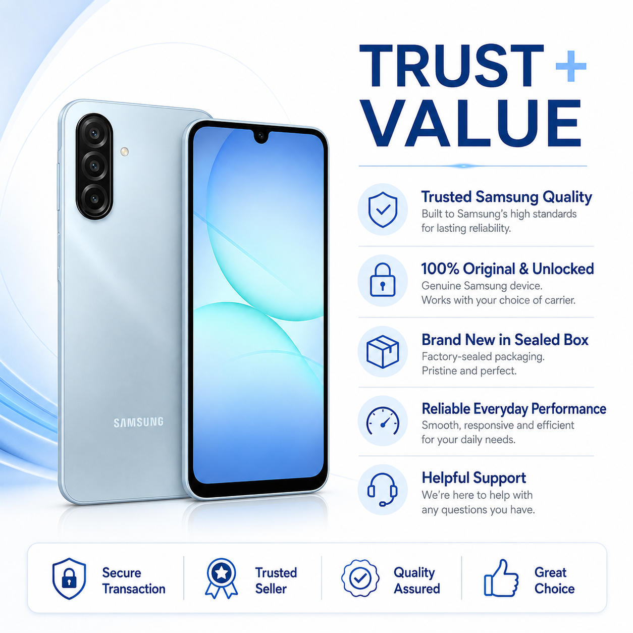 Samsung Galaxy A17 4G  Gray Samsung Galaxy smartphone showing front display and rear triple camera module