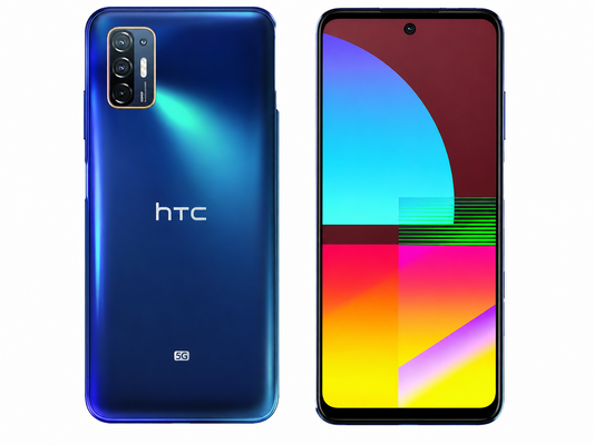 HTC Desire 21 Pro 5G  Blue HTC 5G smartphone showing back and front screens