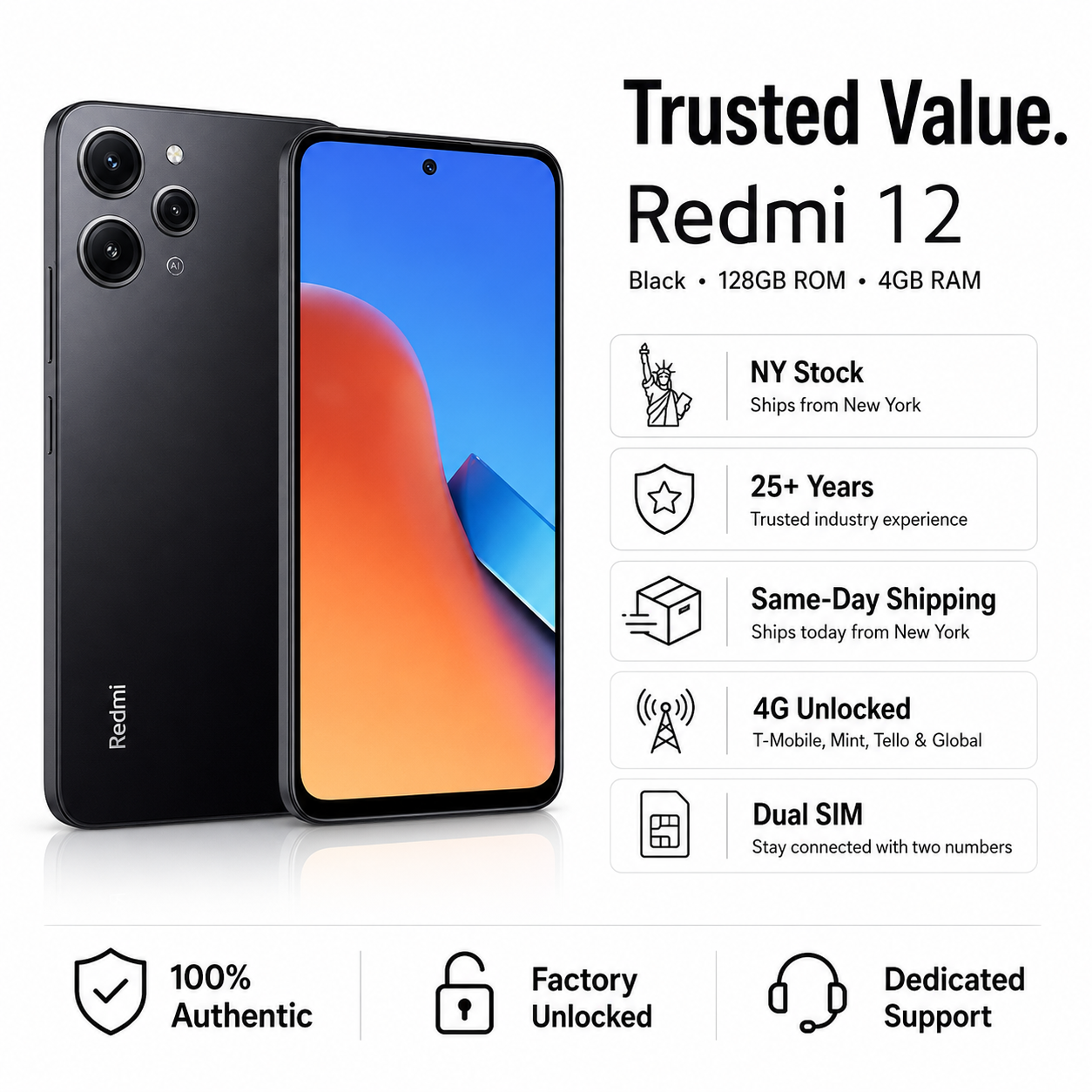 Xiaomi 12 4G Dual SIM 128GB ROM 4GB RAM GSM Unlocked - Black