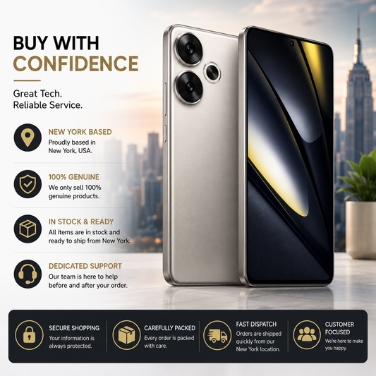 Titanium gray smartphone with dual rear cameras and front display, customer service badge panel