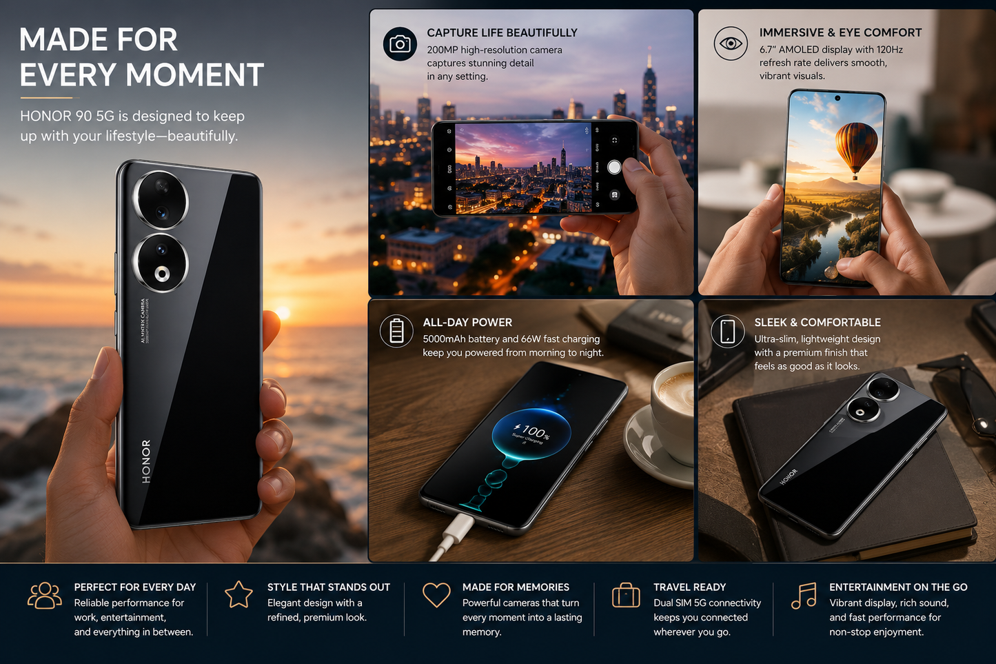 Honor 90 5G smartphone, midnight black back with dual cameras