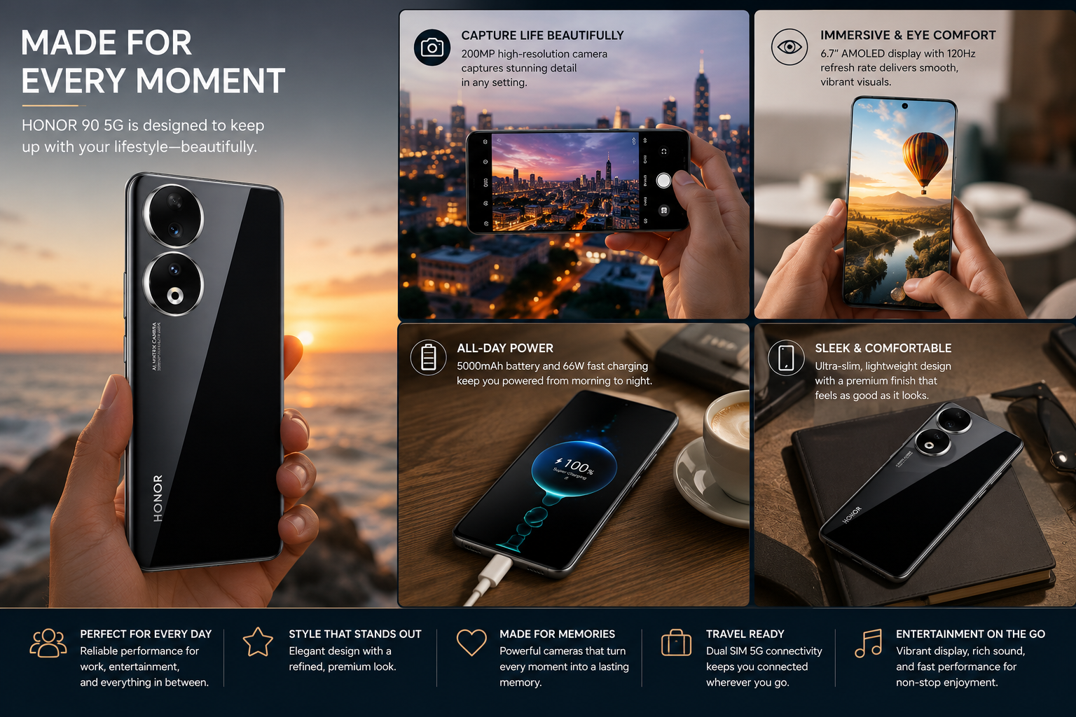 Honor 90 5G smartphone, midnight black back with dual cameras