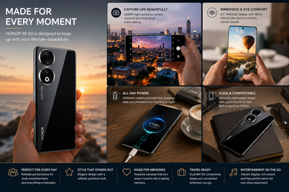 Honor 90 5G smartphone, midnight black back with dual cameras