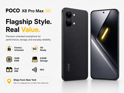 Xiaomi Poco X8 PRO MAX 5G Black unlocked smartphone front and back views with dual rear cameras