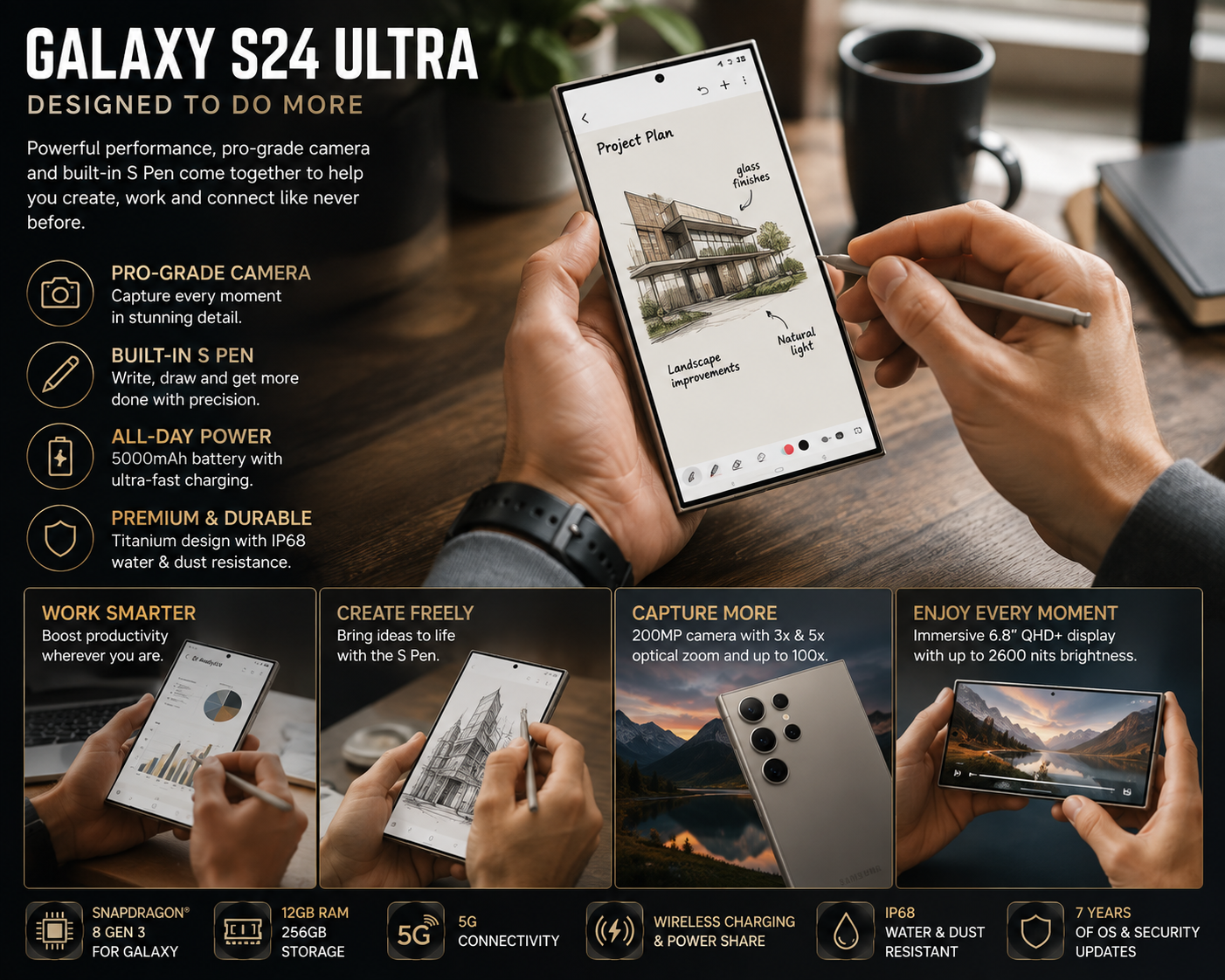Samsung Galaxy S24 Ultra Unlocked 5G smartphone held in hands, titanium grey back with screen visible