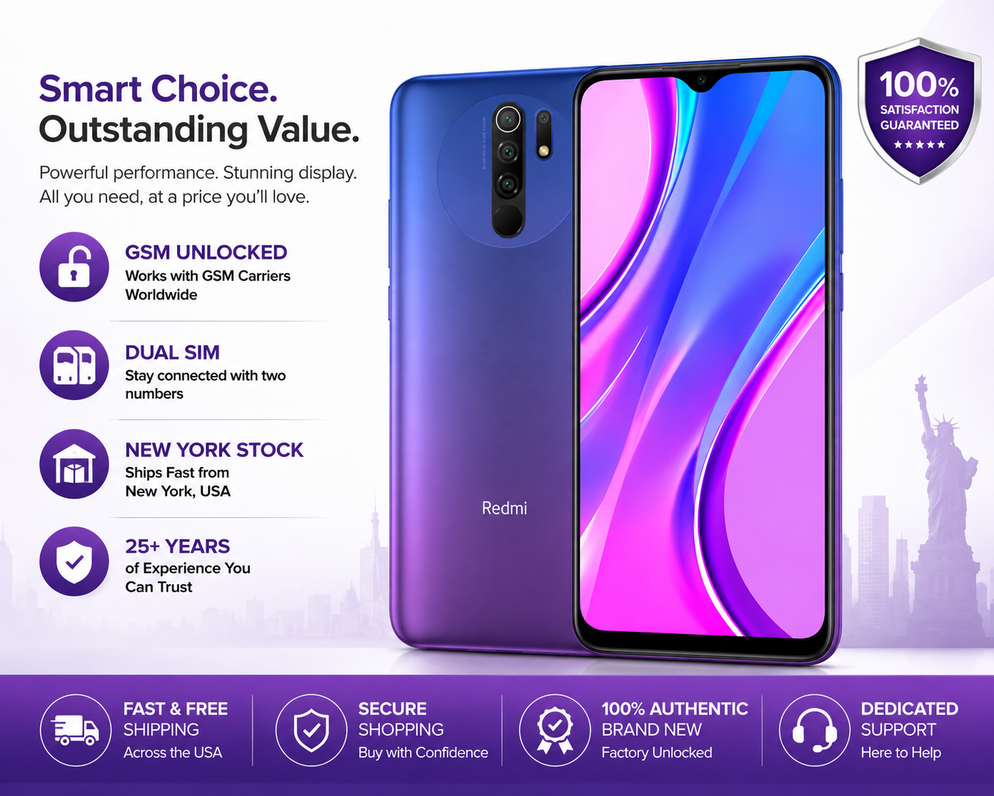 Xiaomi Redmi 9 unlocked smartphone, sunset purple front display and rear camera.