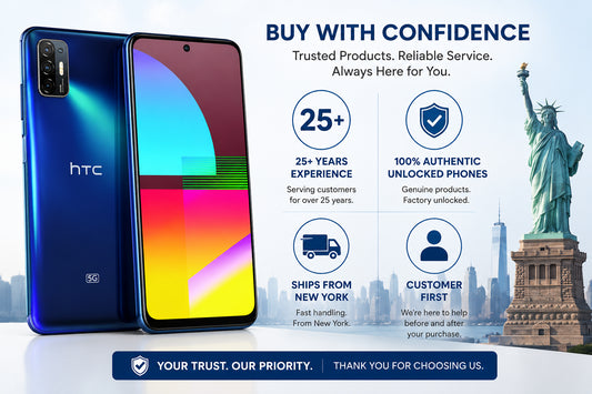 HTC Desire 21 Pro 5G  Blue HTC 5G smartphone with dual camera on back and colorful display front