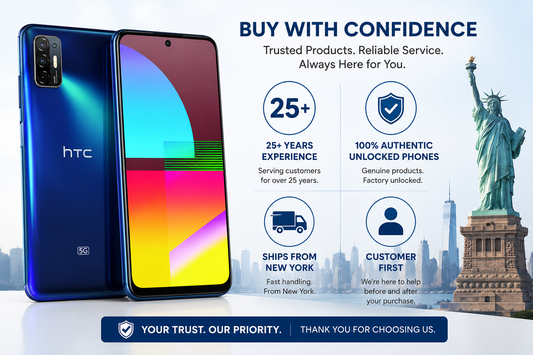 HTC Desire 21 Pro 5G  Blue HTC 5G smartphone with dual camera on back and colorful display front