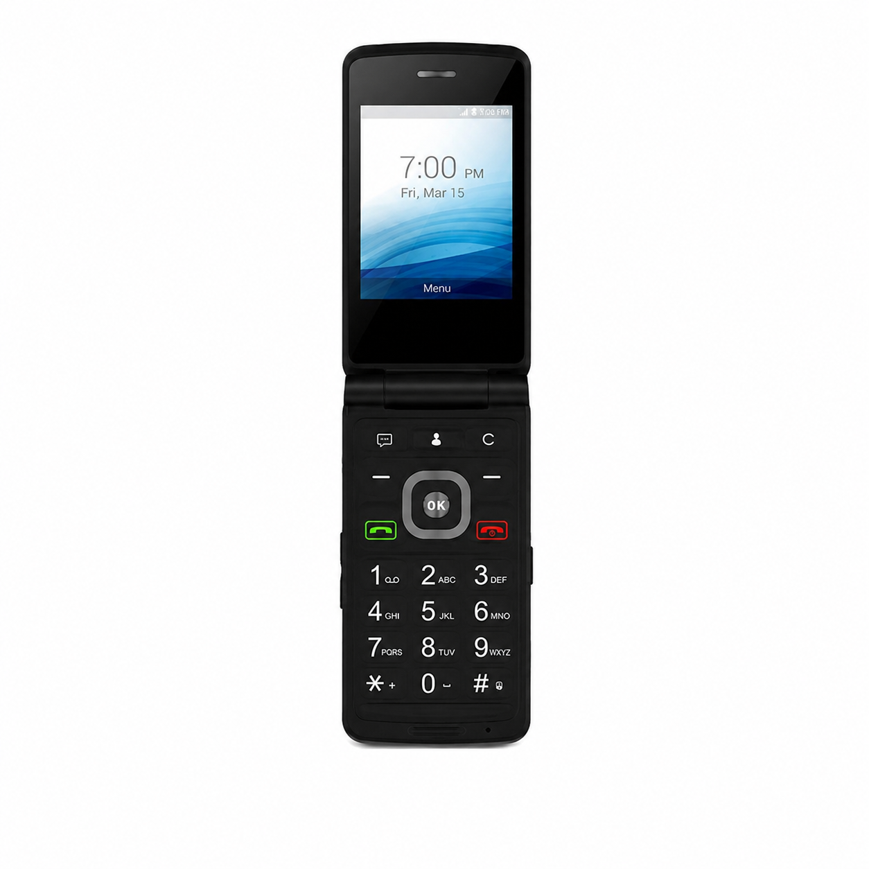 Black flip phone front view with display window and keypad