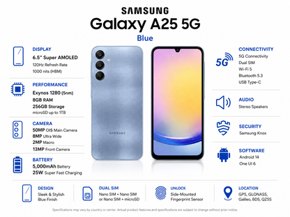 Blue Samsung Galaxy A25 5G smartphone, front and back view.