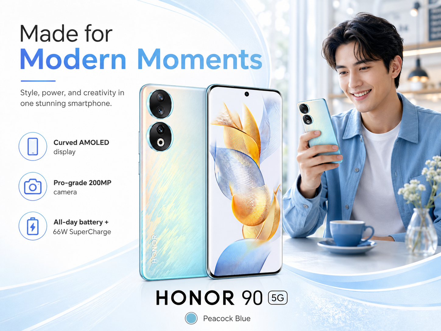 Peacock blue dual-camera smartphone held in hand, front screen and rear visible