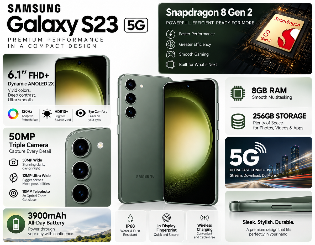Green Samsung Galaxy S23 5G smartphone with triple rear cameras and front display