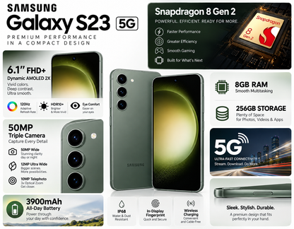 Green Samsung Galaxy S23 5G smartphone with triple rear cameras and front display