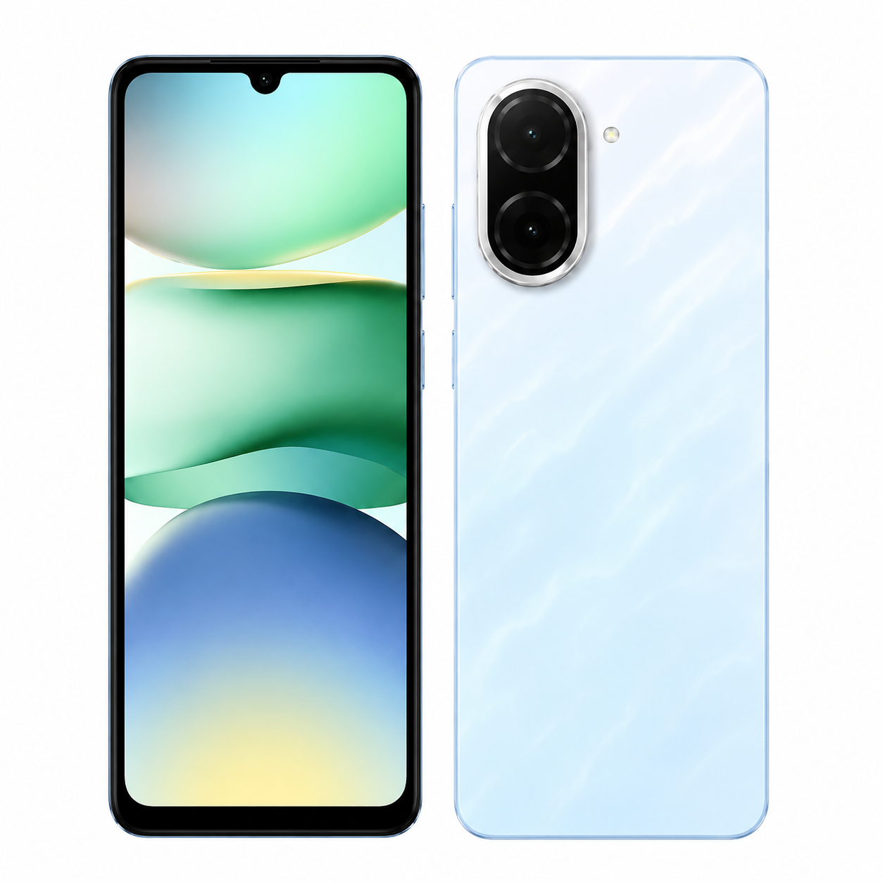 Xiaomi Redmi A5 4G smartphone in blue, front and dual rear cameras visible.